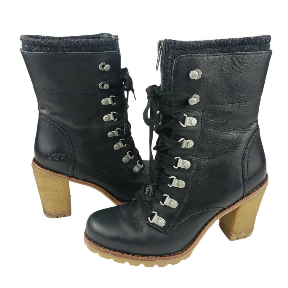 UGG Australia Fabrice Heeled Boots -Black Leather Womens Size 7 US 1001267